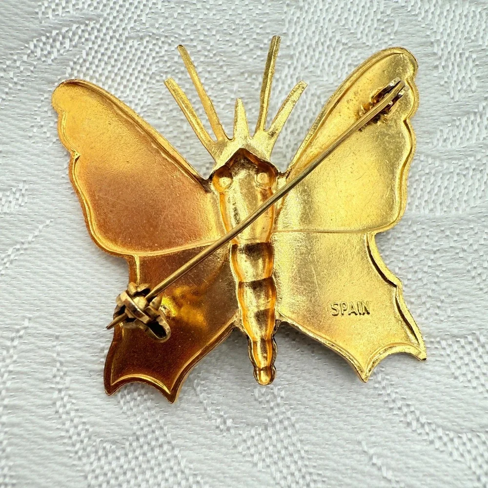 Vintage Gold Tone Damascene Style Butterfly Brooch Costume Pin | Made in Spain